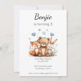 Invitación Woodland Animals Birthday Bear Fox Bunny Boy Blue 
