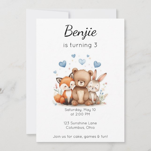 Invitación Woodland Animals Birthday Bear Fox Bunny Boy Blue  (Anverso)