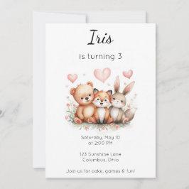 Invitación Woodland Animals Birthday Bear Fox Bunny Floral
