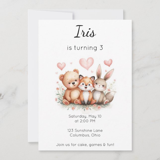 Invitación Woodland Animals Birthday Bear Fox Bunny Floral (Anverso)