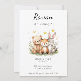 Invitación Woodland Animals Birthday Bear Fox Bunny Neutral