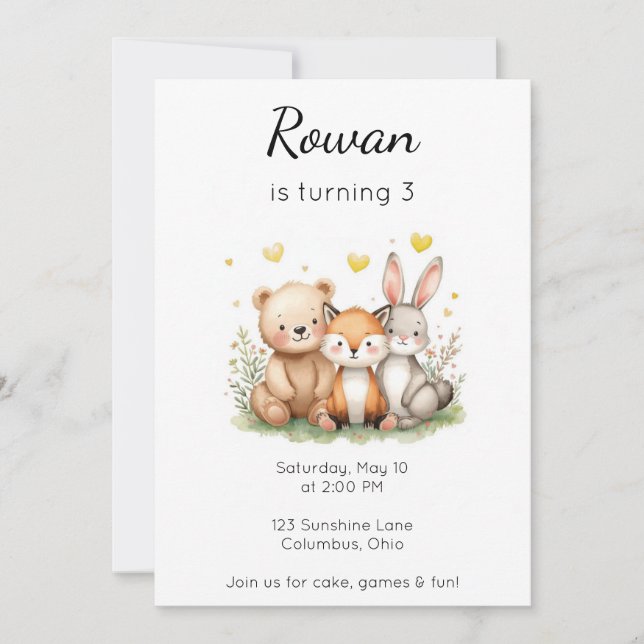 Invitación Woodland Animals Birthday Bear Fox Bunny Neutral (Anverso)