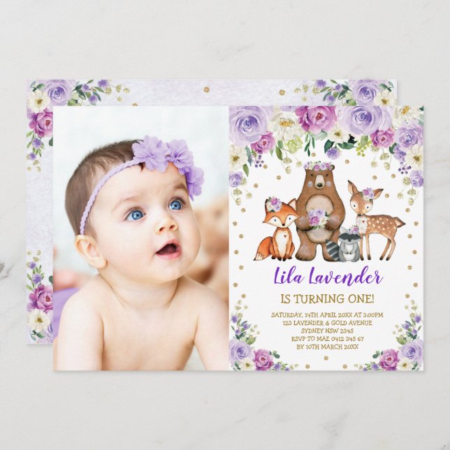 Invitación Woodland Animals Birthday Lavender Purple Floral (Anverso / Reverso)