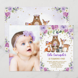 Invitación Woodland Animals Birthday Lavender Purple Floral