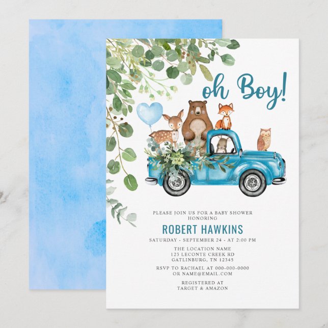 Invitación Woodland Animals Blue Truck Baby Shower (Anverso / Reverso)