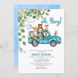 Invitación Woodland Animals Blue Truck Baby Shower