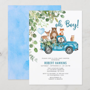 Invitación Woodland Animals Blue Truck Baby Shower