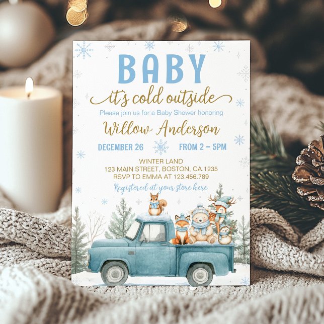 Invitación Woodland Animals Blue Truck Winter Baby Shower (Subido por el creador)