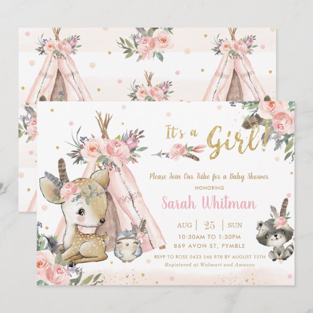 Invitación Woodland Animals Boho Chica Tribal Baby Shower (Anverso / Reverso)