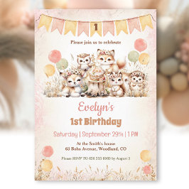 Invitación Woodland Animals Boho Pastel Chica Primer cumpleañ