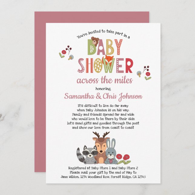 Invitación Woodland Animals Chica Baby Shower por correo (Anverso / Reverso)
