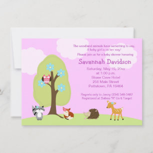 Invitación Woodland Animals Chica Lavender Baby Shower