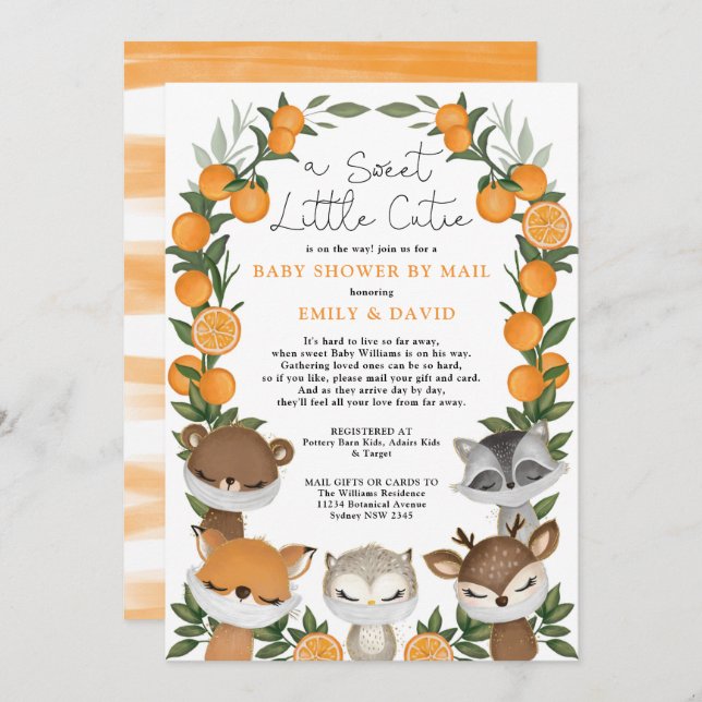 Invitación Woodland Animals Citrus Naranja Baby Shower Por Co (Anverso / Reverso)