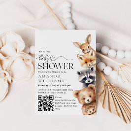 Invitación Woodland Animals Código QR moderno Baby Shower