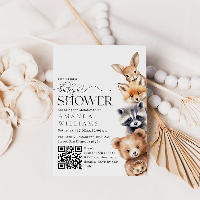 Invitación Woodland Animals Código QR moderno Baby Shower (Subido por el creador)