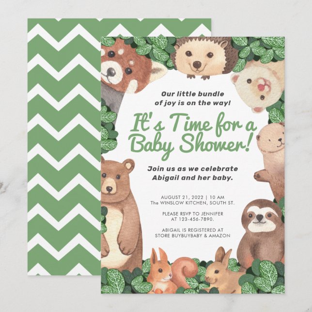 Invitación Woodland Animals (con oso y pereza) Baby Shower (Anverso / Reverso)