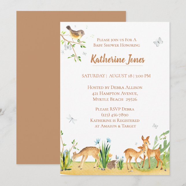 Invitación Woodland Animals Deer Baby Shower (Anverso / Reverso)