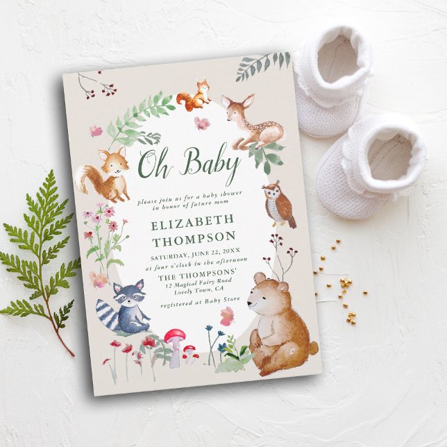 Invitación Woodland Animals Enchanted Woods Cute Baby Shower (woodland baby shower invitation enchanted woods forest bear fox deer wildflowers mushrooms magic)