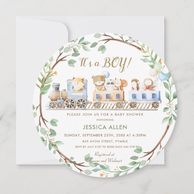 Invitación Woodland Animals Entrenan a Greenery Baby Shower   (Anverso)