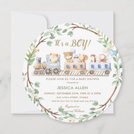 Invitación Woodland Animals Entrenan a Greenery Baby Shower  