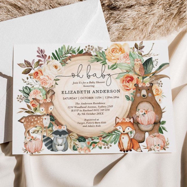 Invitación Woodland Animals Fall Pumpkin Floral Baby Shower (Subido por el creador)