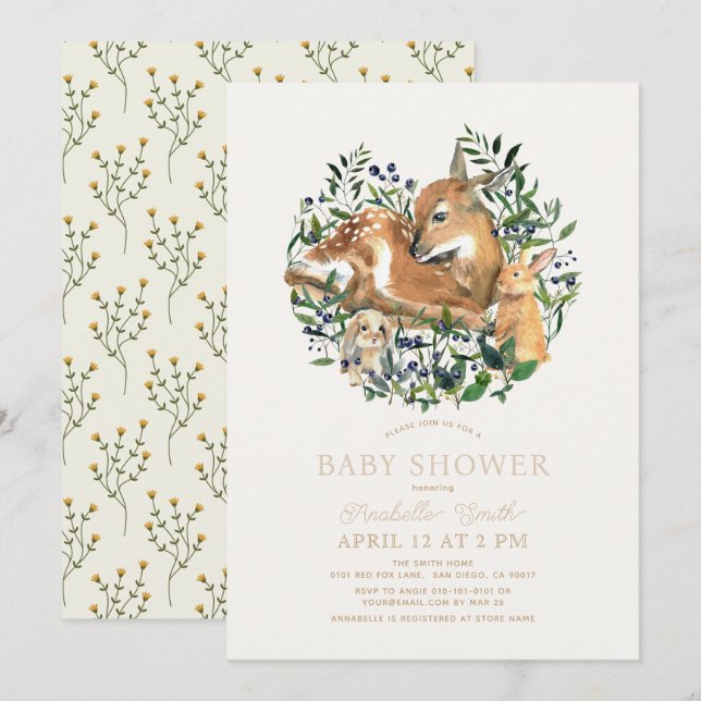 Invitación Woodland Animals Fawn Bunny Greenery Baby Shower (Anverso / Reverso)