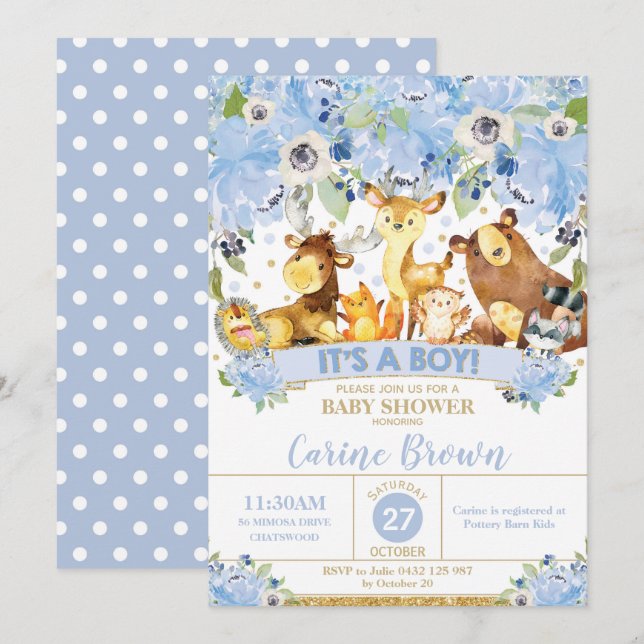 Invitación Woodland Animals Floral Baby Shower Invitation Boy (Anverso / Reverso)