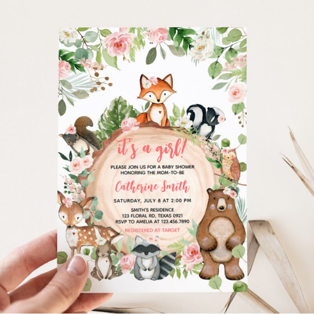 Invitación Woodland Animals Floral Wood Slice Baby Shower (Girl Floral Wood Slice Baby Shower Invitation)