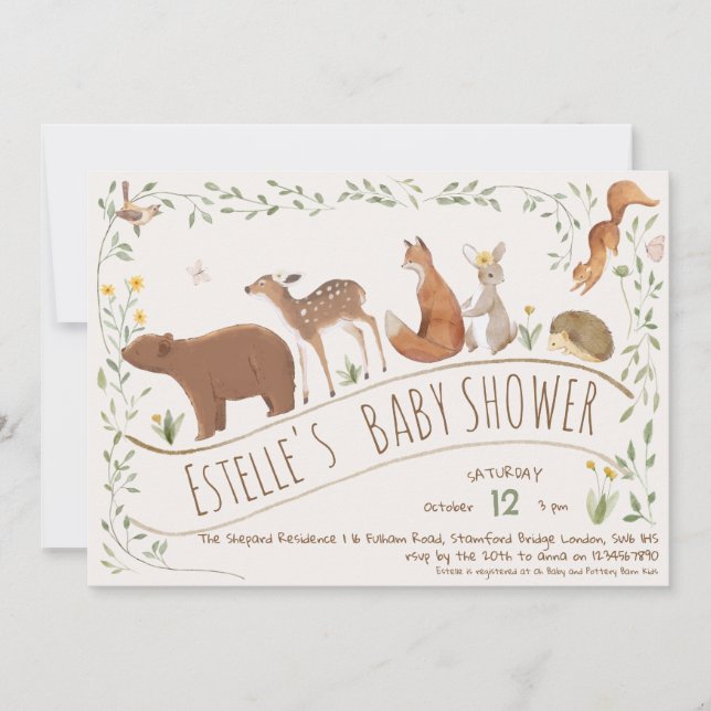 Invitación Woodland Animals Forest Friends Baby Shower (Anverso)