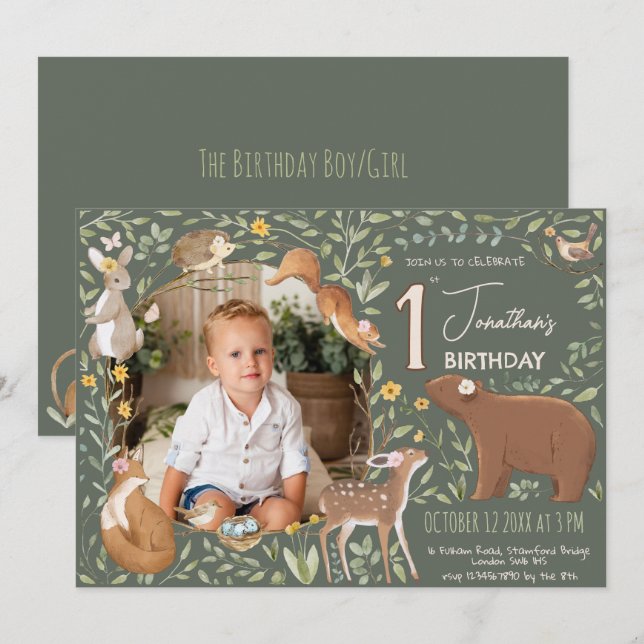 Invitación Woodland Animals Forest Friends Baby Shower (Anverso / Reverso)