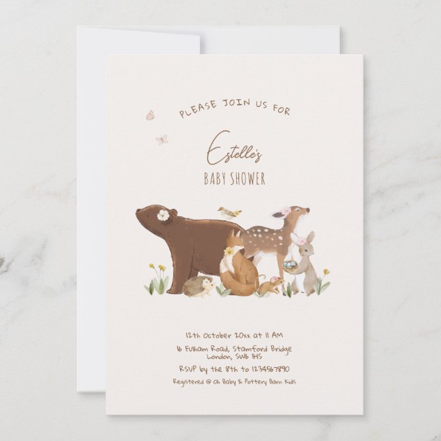 Invitación Woodland Animals Forest Friends Baby Shower (Anverso)