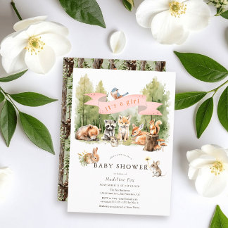 Invitación Woodland Animals Forest Girl Baby Shower