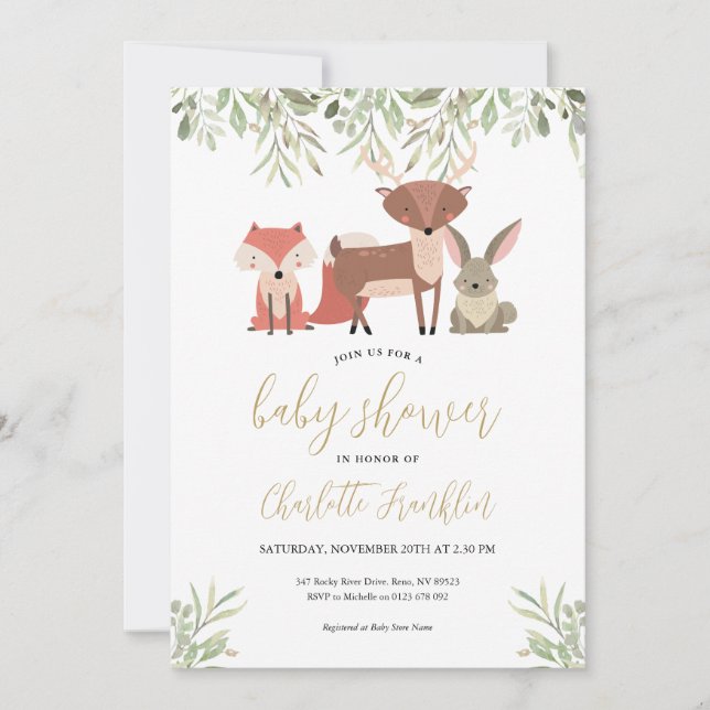 Invitación Woodland Animals Forest Greenery Baby Shower (Anverso)