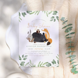 Invitación Woodland Animals Forest Greenery Gold Baby Shower