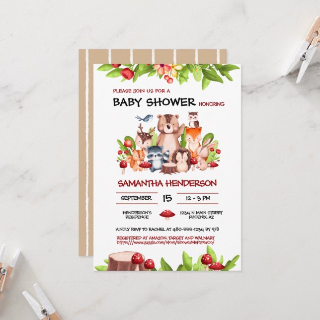 Invitación Woodland Animals Género Neutral Baby Shower (Anverso/Reverso In Situ)
