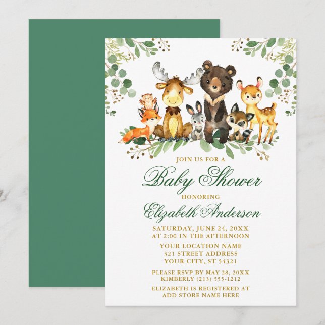 Invitación Woodland Animals Gold Green Baby Shower (Anverso / Reverso)