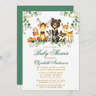 Invitación Woodland Animals Gold Green Baby Shower