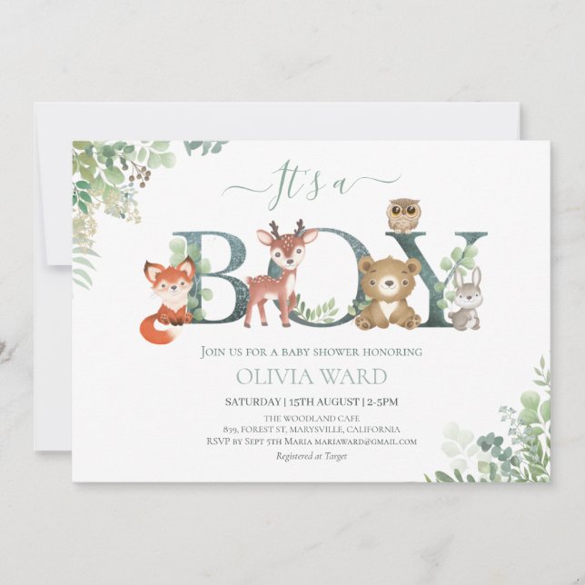 Invitación Woodland Animals Greenery Baby Shower (Anverso)