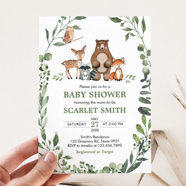 Invitación Woodland Animals Greenery Baby Shower  (Woodland Animals Baby Shower Invitation)