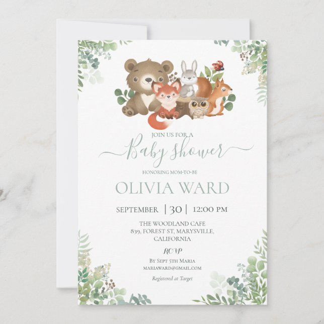 Invitación Woodland Animals Greenery Baby Shower (Anverso)