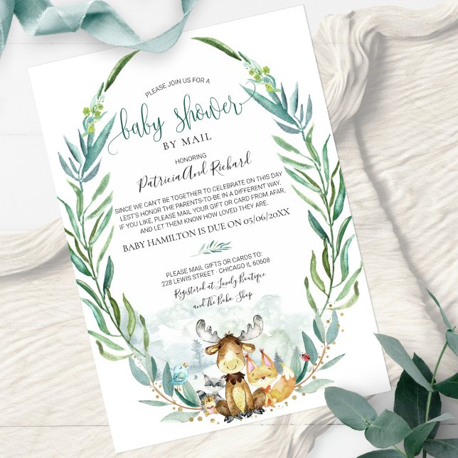 Invitación Woodland Animals Greenery Baby Shower Por Correo (Subido por el creador)