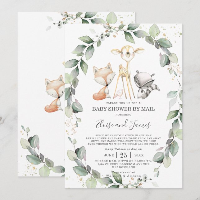 Invitación Woodland Animals Greenery Baby Shower por correo (Anverso / Reverso)