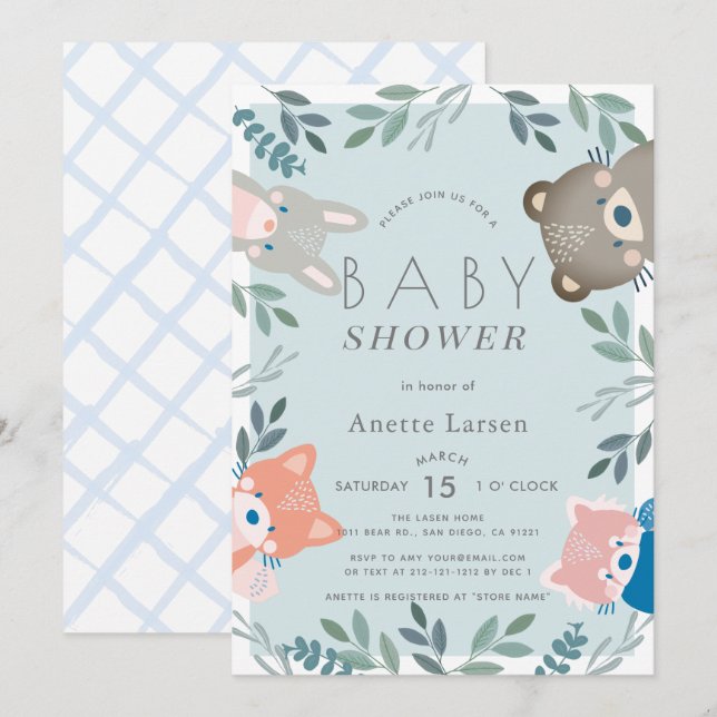 Invitación Woodland Animals Greenery Blue Boy Baby Shower (Anverso / Reverso)