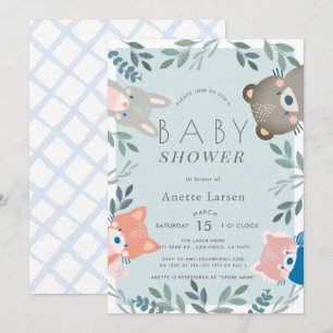 Invitación Woodland Animals Greenery Blue Boy Baby Shower