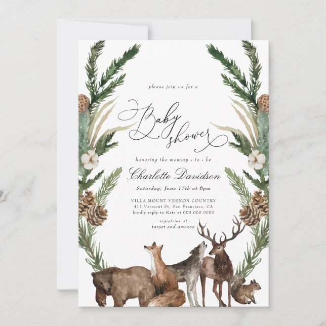 Invitación Woodland Animals Greenery Boy Baby Shower (Anverso)