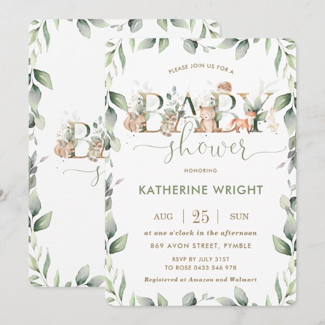 Invitación Woodland Animals Greenery Chica de Baby Shower Boy (Anverso / Reverso)