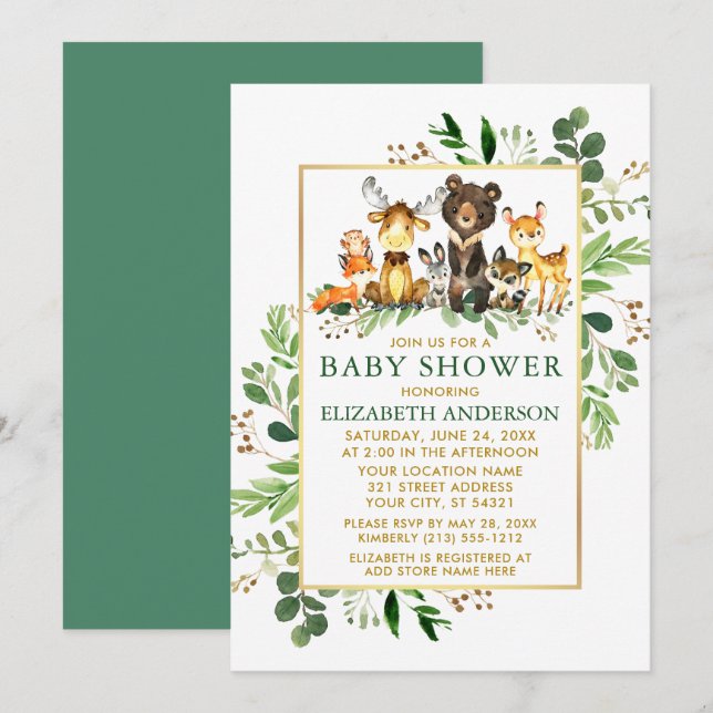 Invitación Woodland Animals Greenery Gold Baby Shower (Anverso / Reverso)