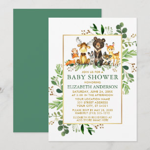 Invitación Woodland Animals Greenery Gold Baby Shower