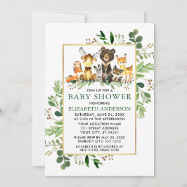 Invitación Woodland Animals Greenery Gold Frame Baby Shower