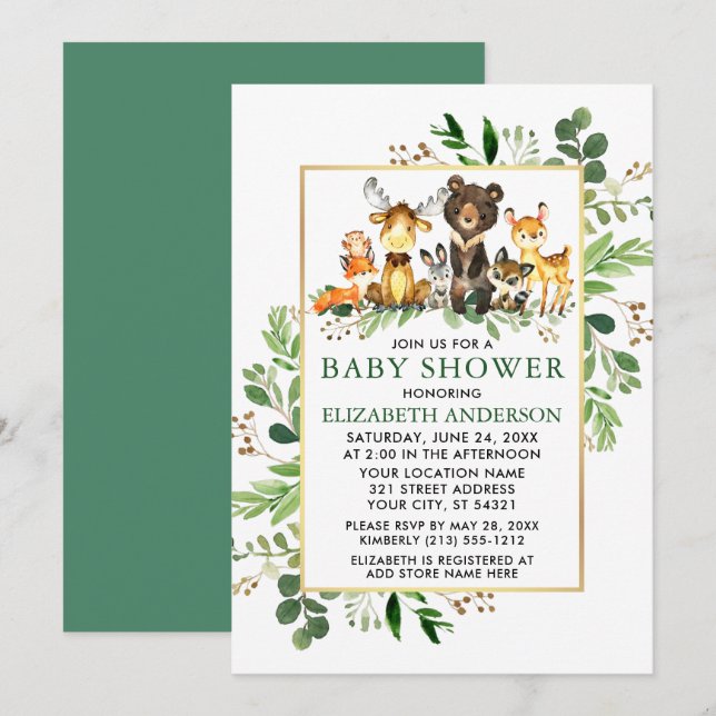 Invitación Woodland Animals Greenery Gold Frame Baby Shower (Anverso / Reverso)